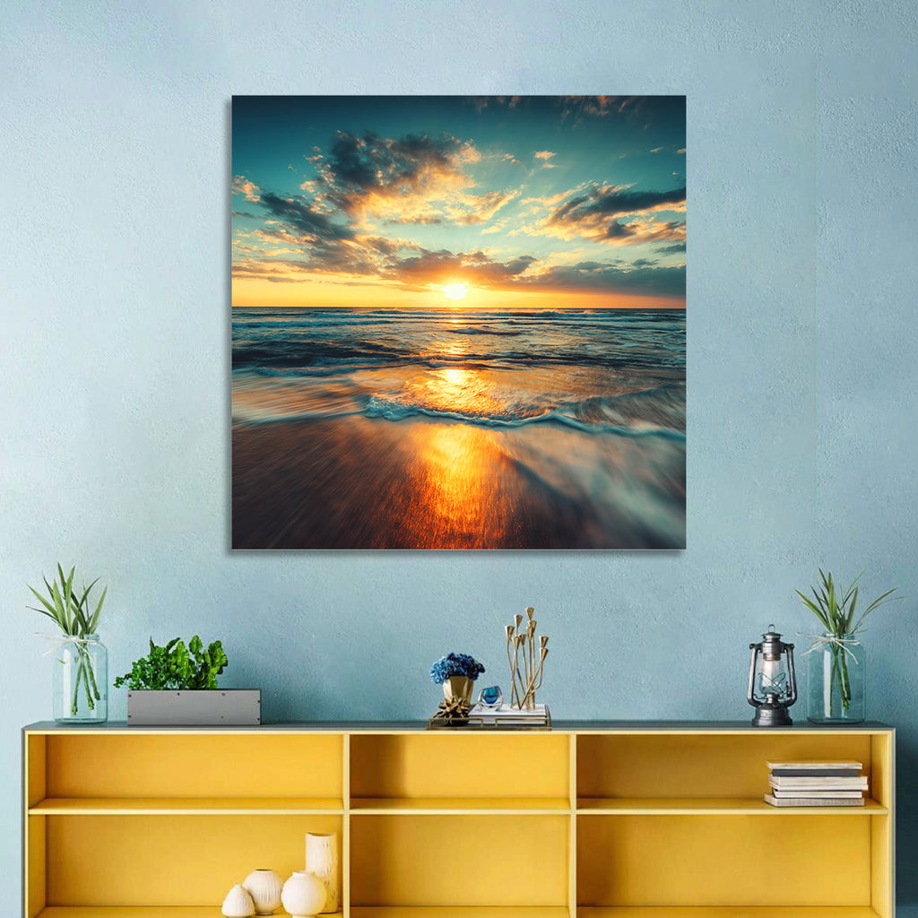 Sunlit Cloudscape Over Beach Wall Art