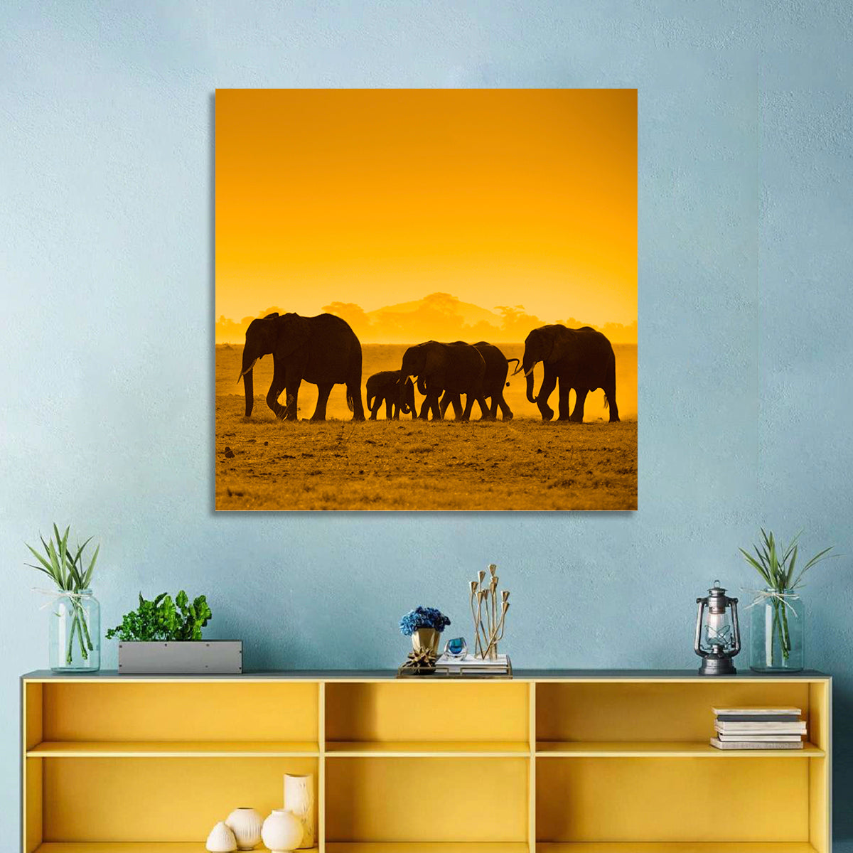 Elephant Family Silhouette Wall Art in a room, square