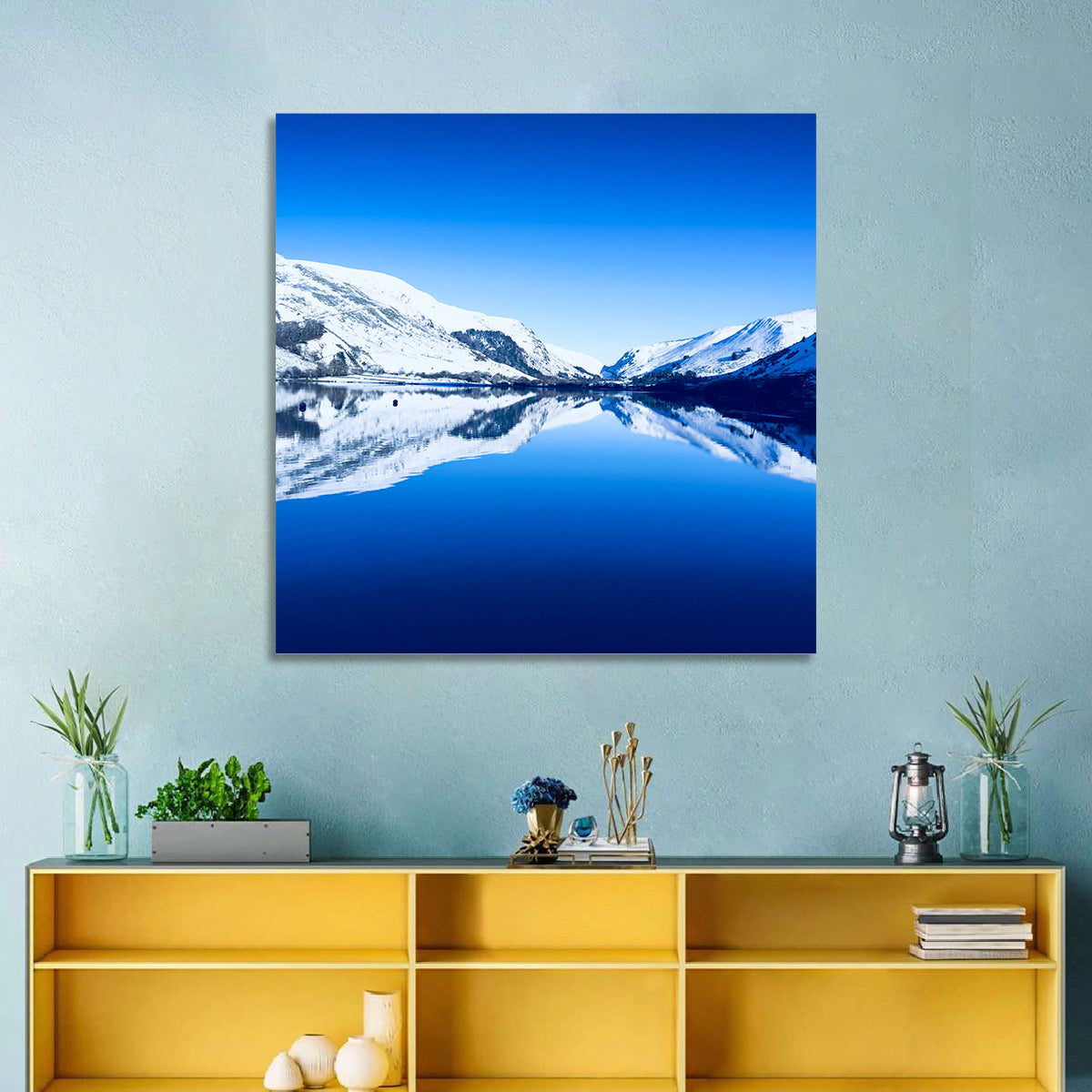 Tal Y Llyn Winter Reflection Wall Art in a room, square