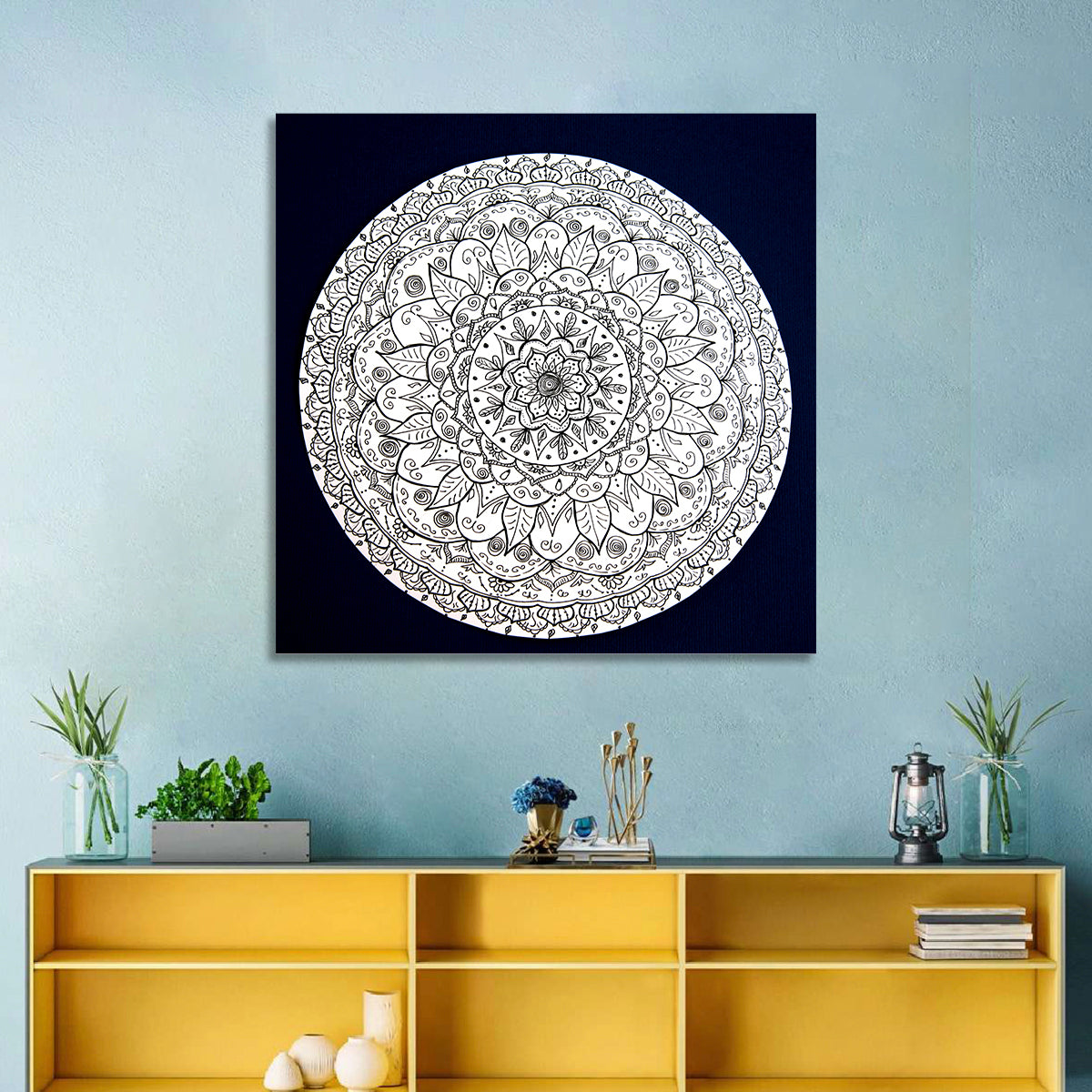 Navy Ornamental Mandala Wall Art in a room, square