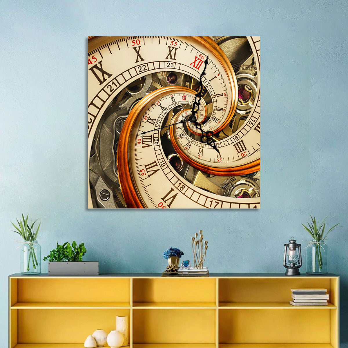 Surreal Infinity Clock Spiral Wall Art in a room, square