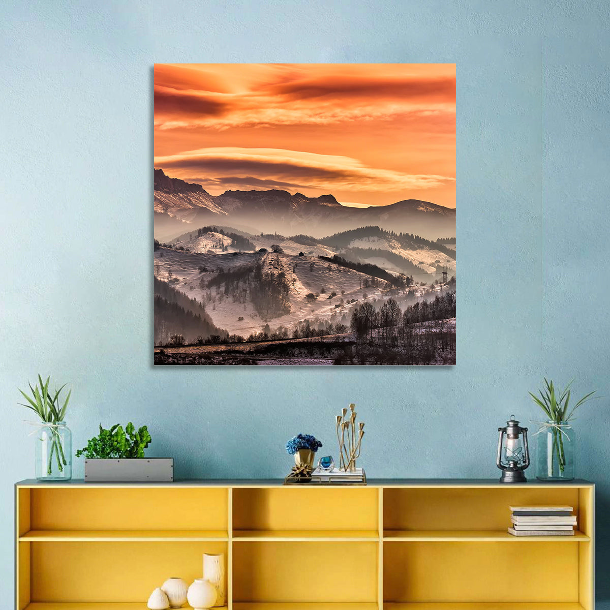 Pestera Mountain Sunrise Wall Art in a room, square