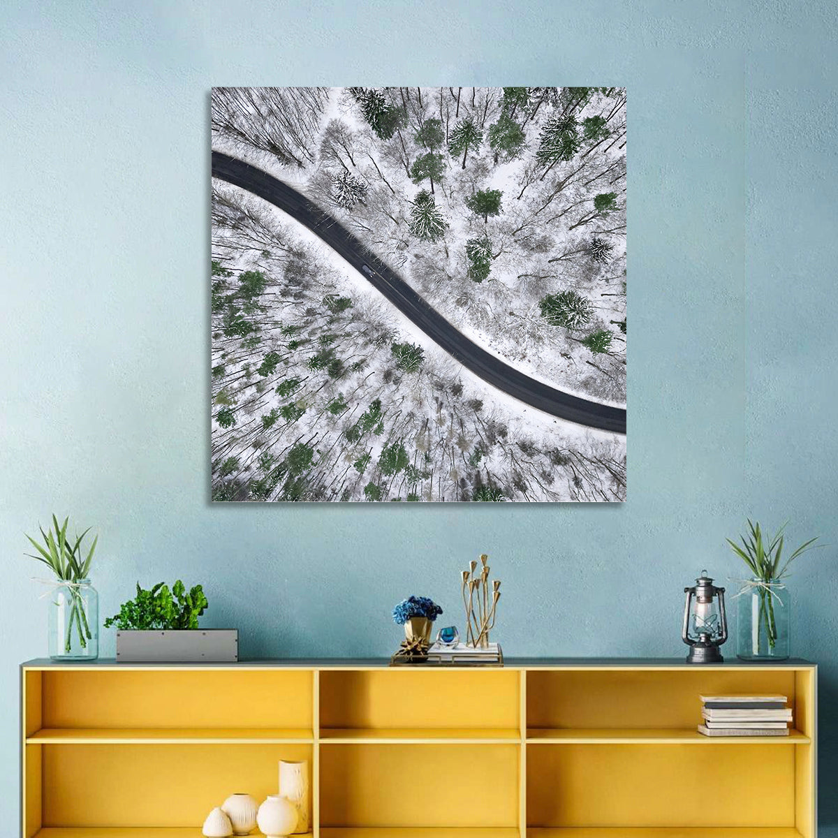 Snowy Forest Road Wall Art in a room, square