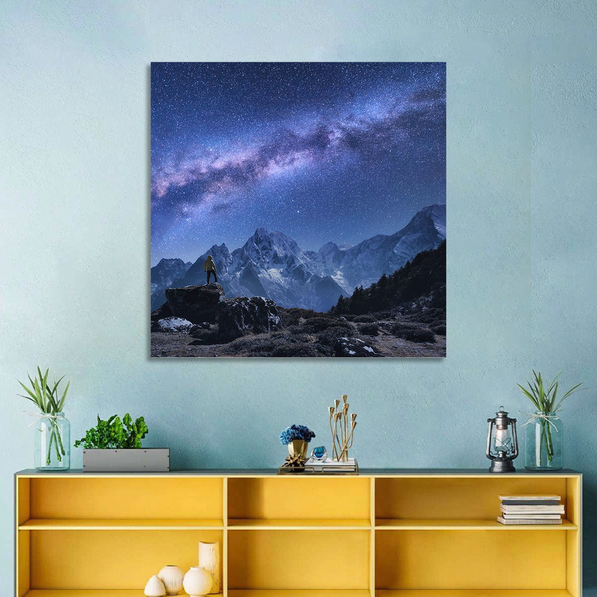 Milky Way Over Snow Capped Peaks Wall Art in a room, square
