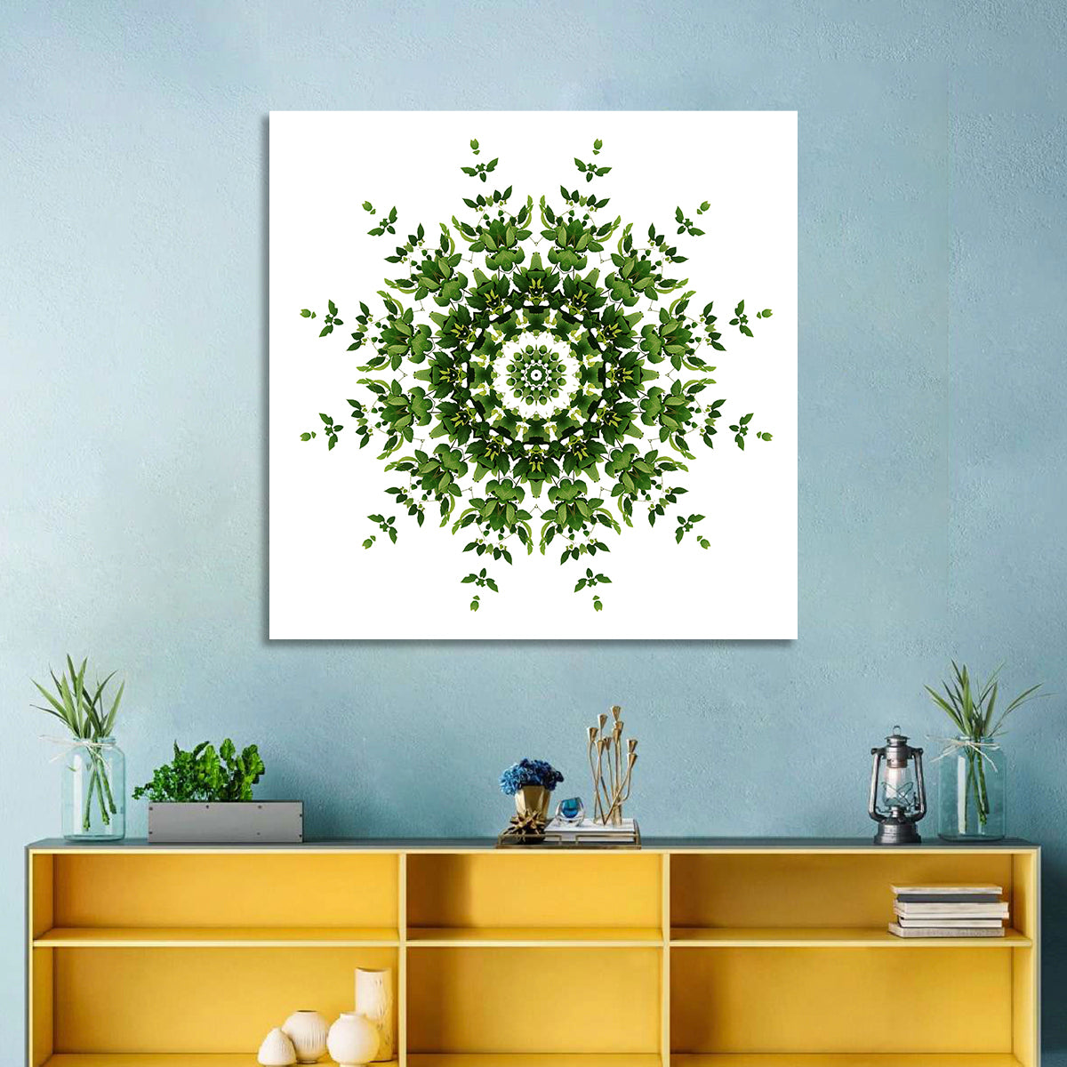 Botanical Green Leaf Mandala Wall Art in a room, square