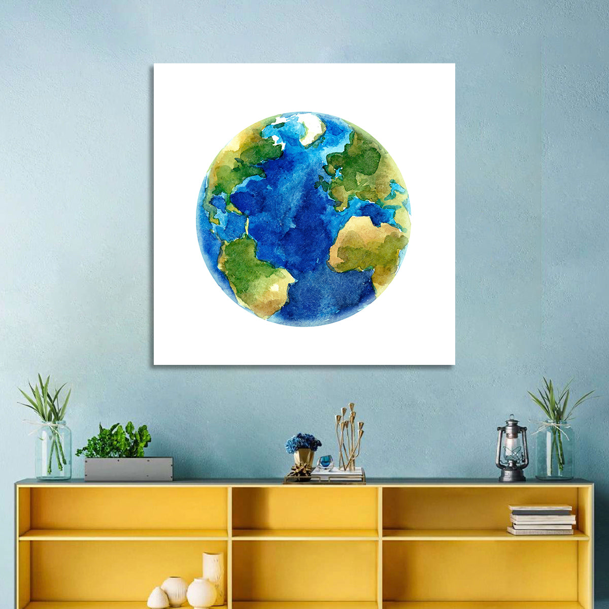 Watercolor Earth Globe Wall Art in a room, square
