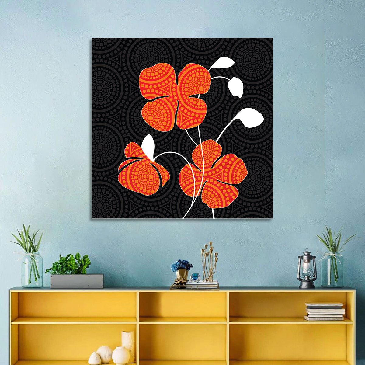 Black and Orange Poppy Illustration Wall Art in a room, square
