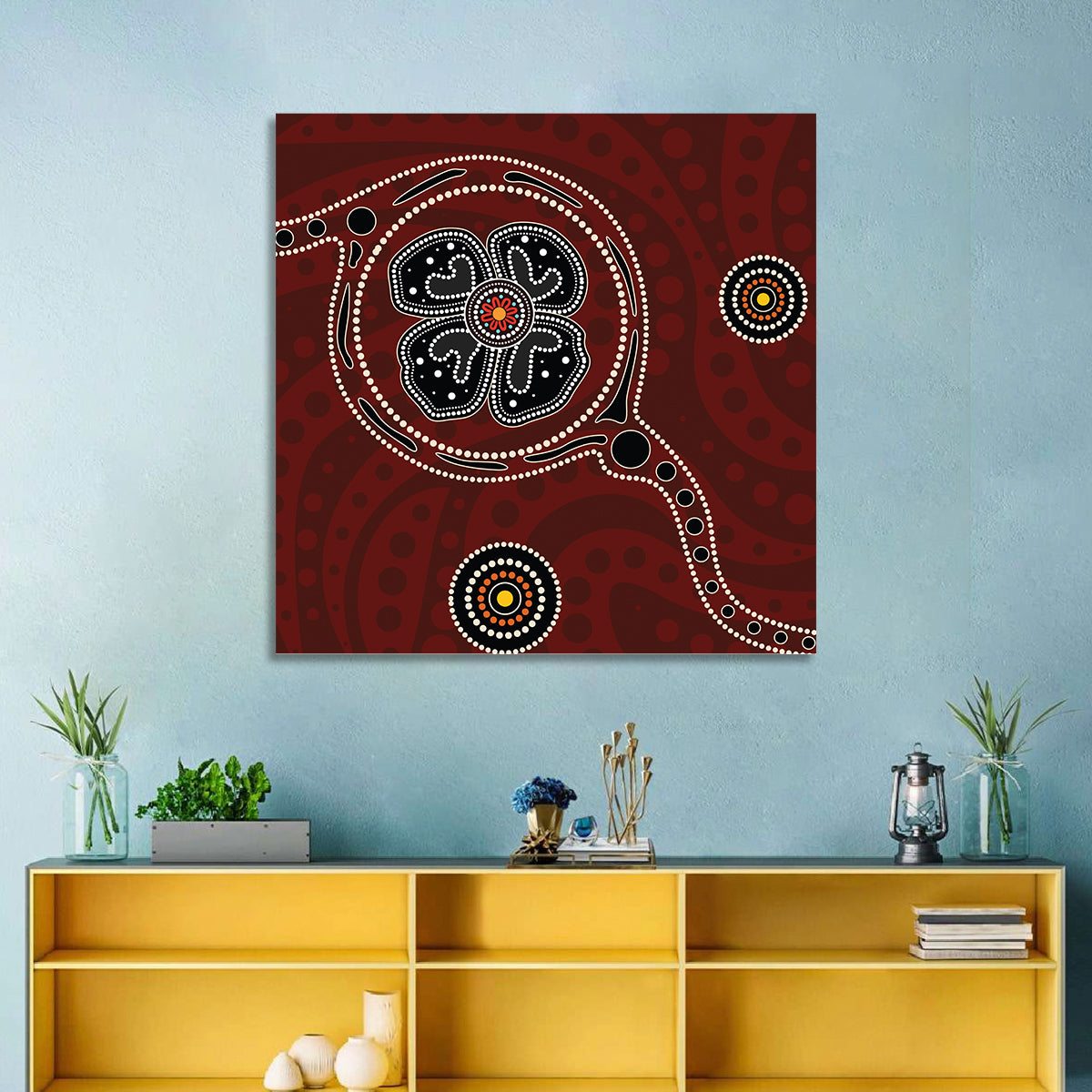 Aboriginal Poppy Dot Motif Wall Art in a room, square