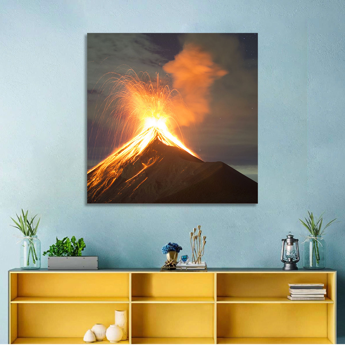 Starry Night Volcano Eruption Wall Art in a room, square