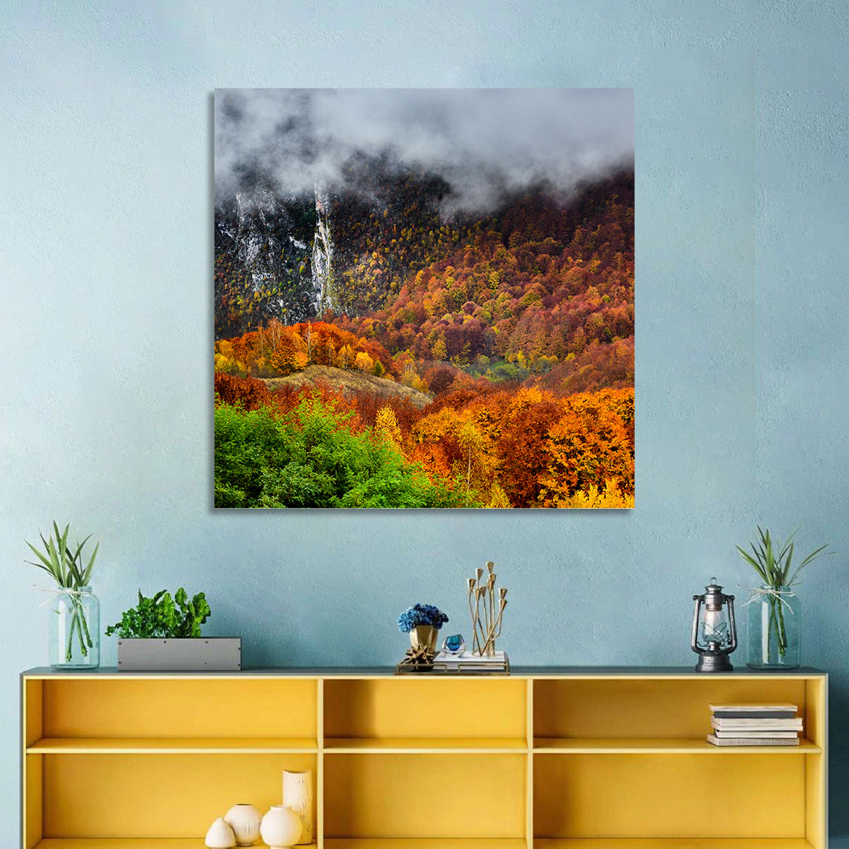 Misty Carpathian Autumn Wall Art in a room, square