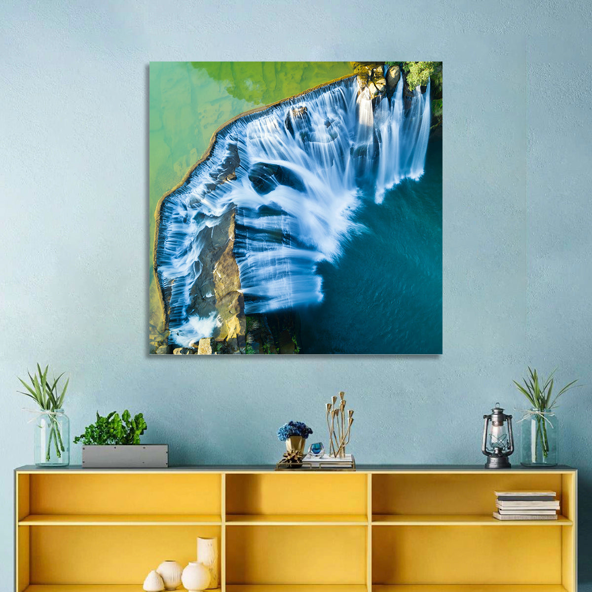 Shifen Waterfall Aerial Wall Art in a room, square