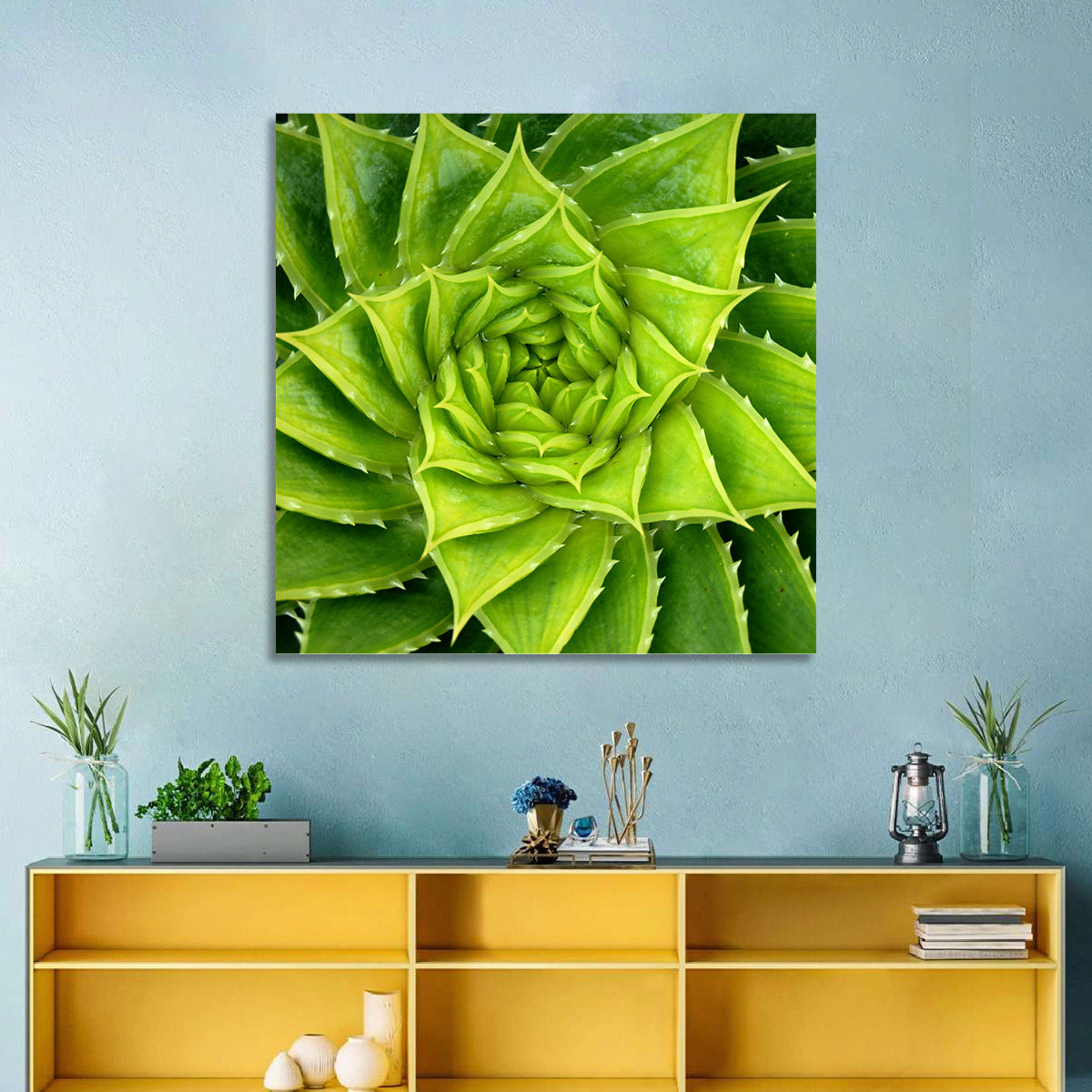 Spiral Aloe Succulent Wall Art in a room, square