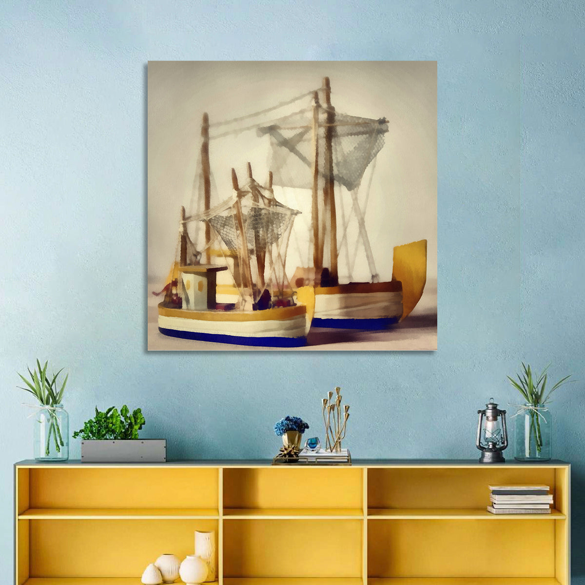 Two Watercolor Boats Wall Art in a room, square