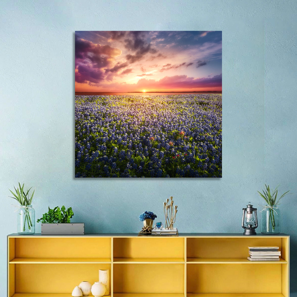 Texas Bluebonnet Sunset Wall Art in a room, square