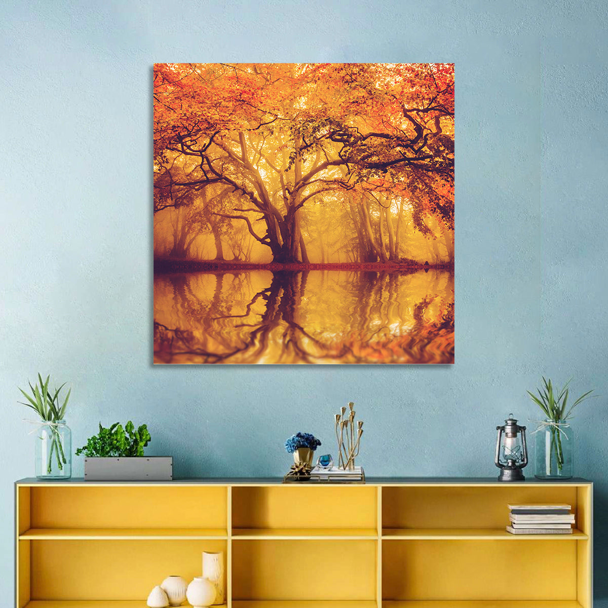 Golden Mist Forest Reflection Wall Art in a room, square