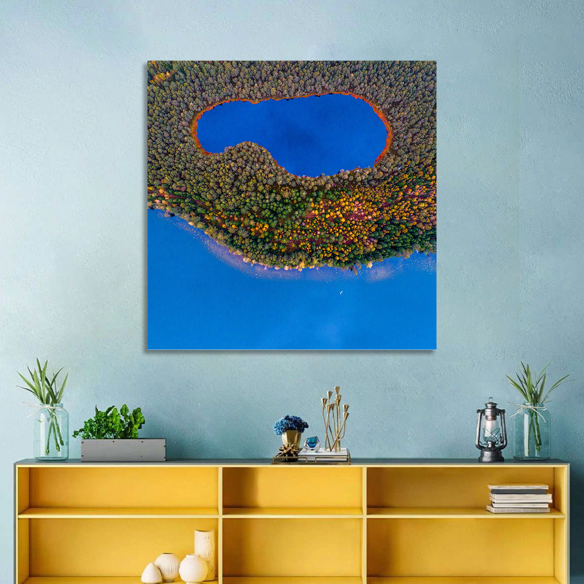 Autumn Forest Lake Wall Art in a room, square