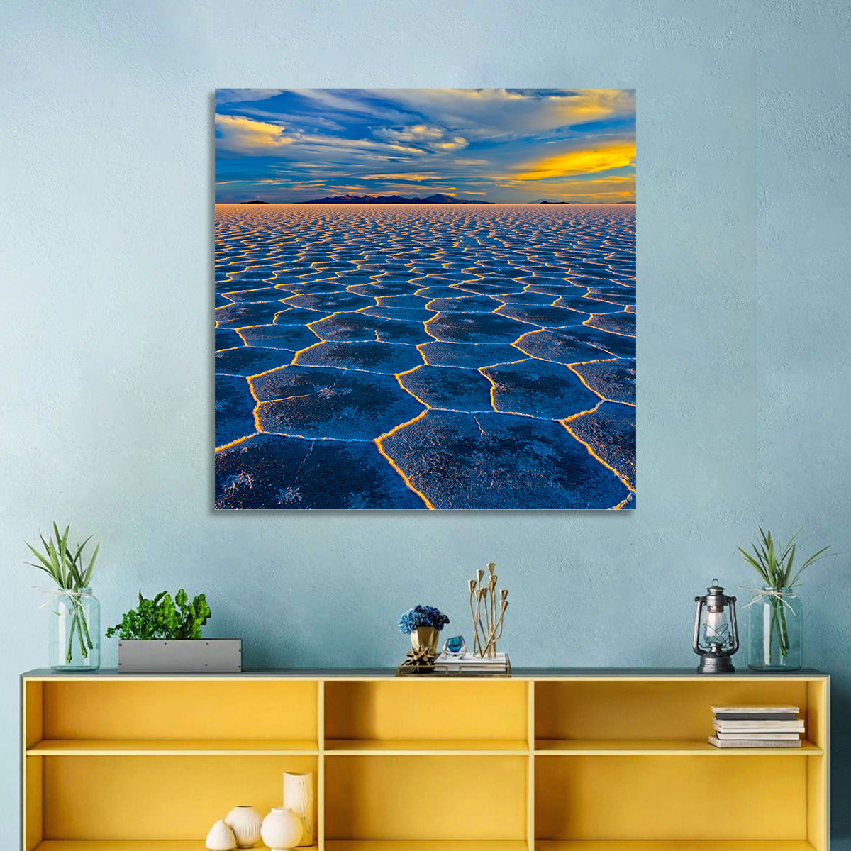 Salar De Uyuni Salt Flats at Sunset Wall Art in a room, square