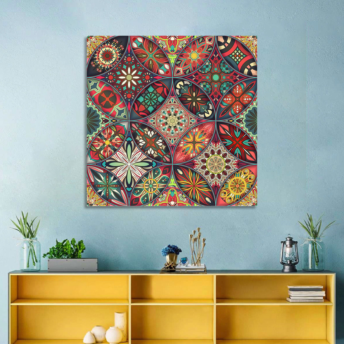 Vintage Mandala Tile Pattern Wall Art in a room, square