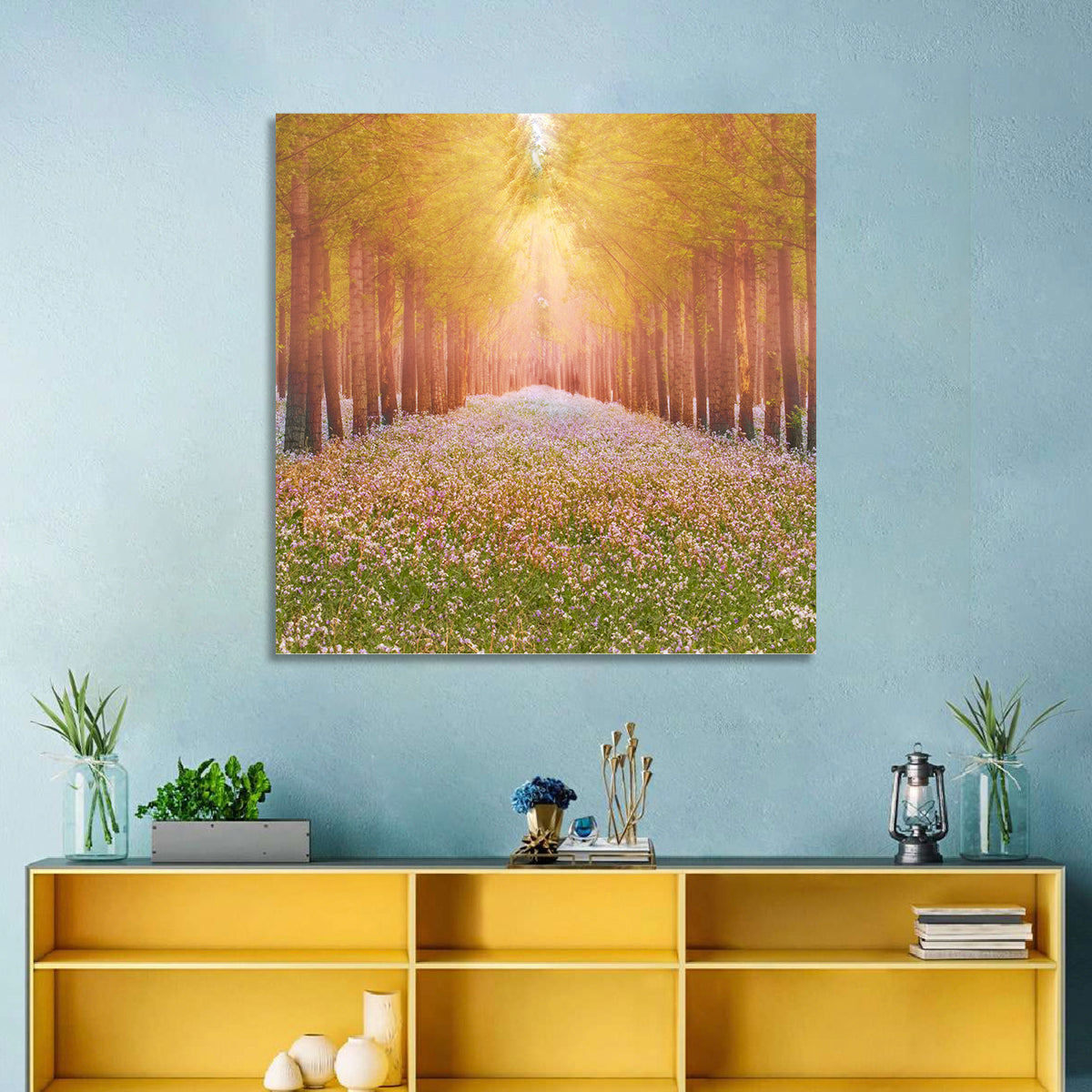 Golden Morning Forest Path Wall Art in a room, square