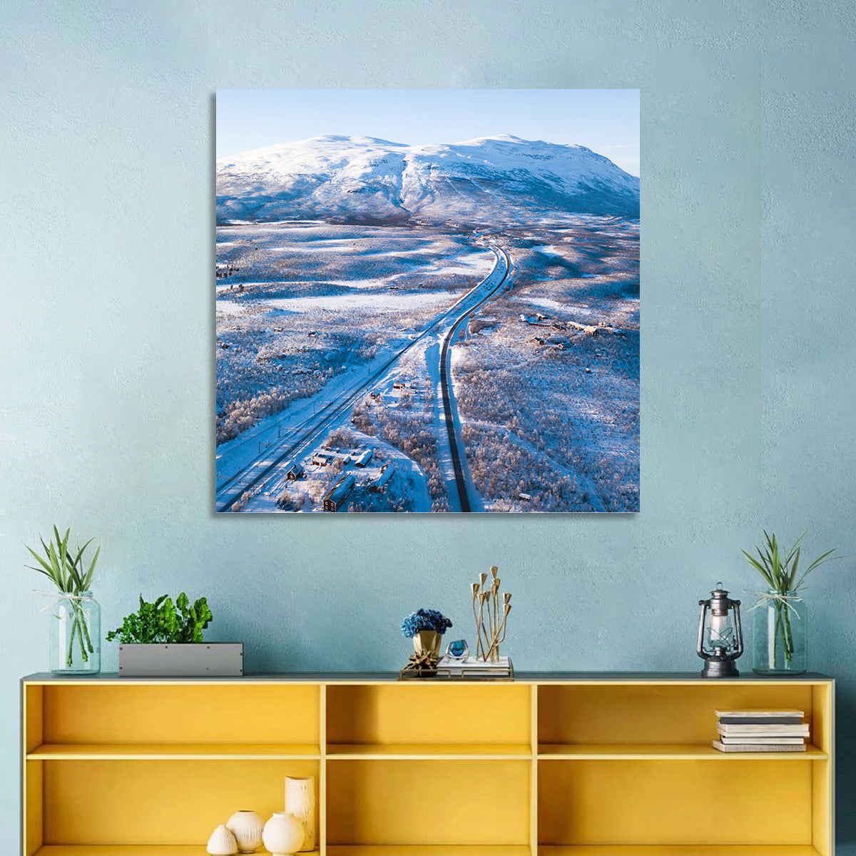 Snowy Valley with Parallel Tracks Wall Art in a room, square