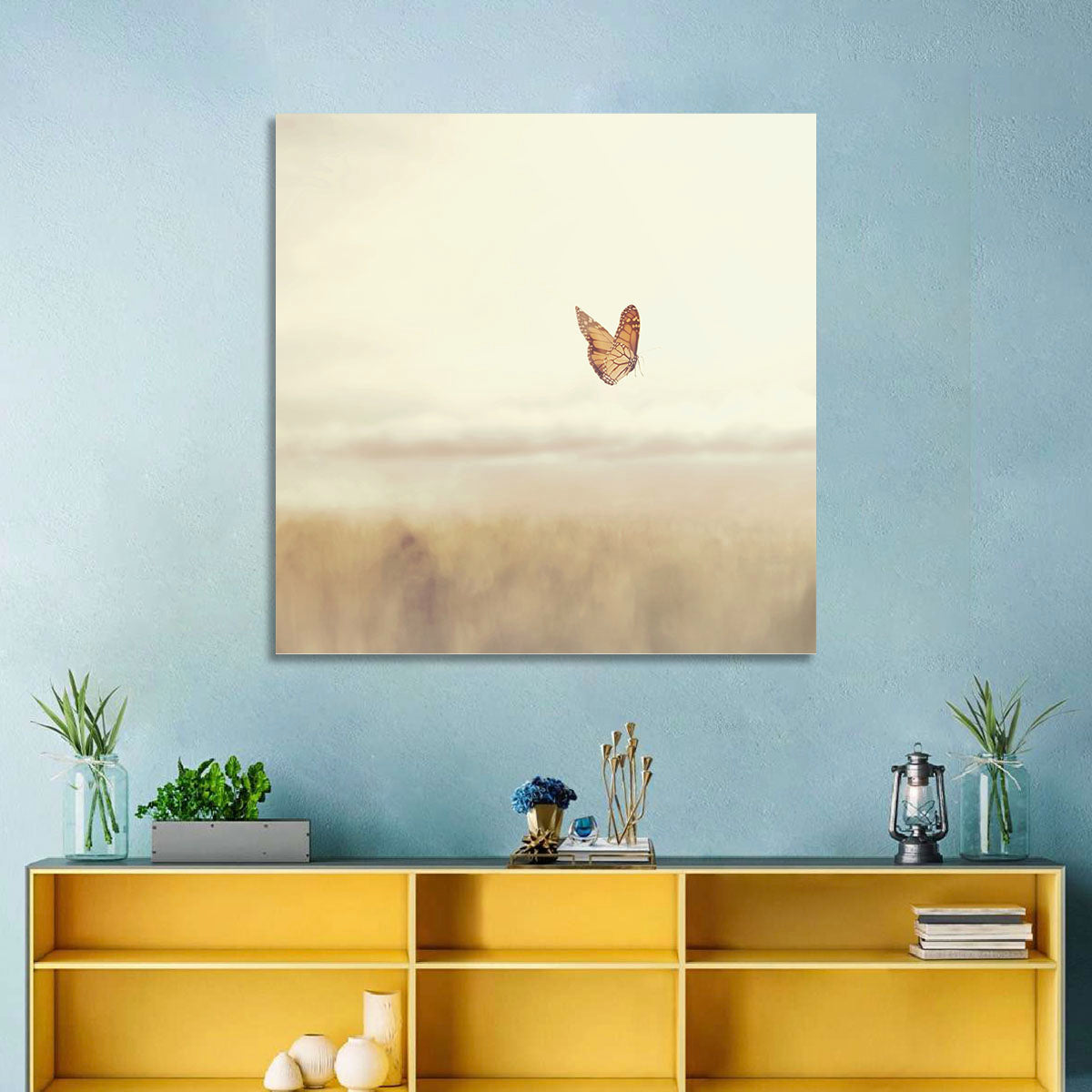 Monarch Over Beige Field Wall Art in a room, square