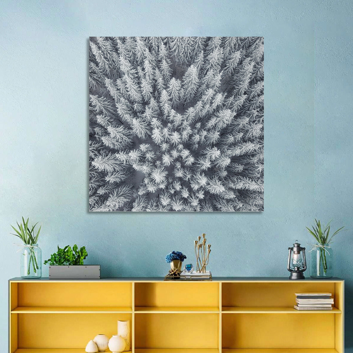 Snow Covered Pine Forest Wall Art in a room, square