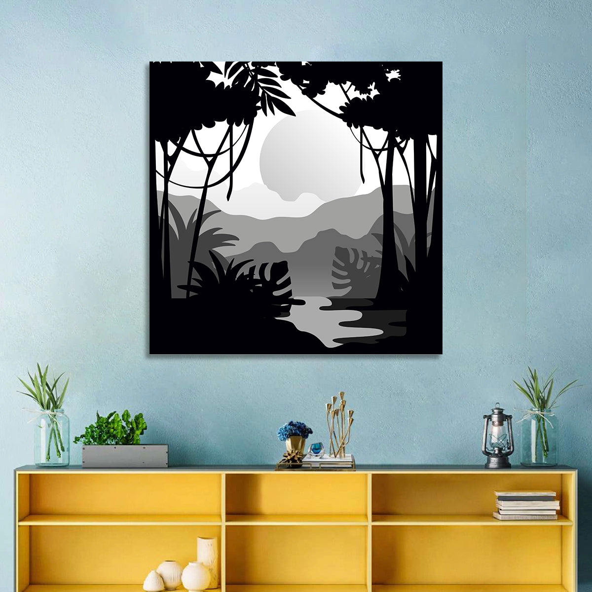 Tropical Jungle Silhouette Wall Art in a room, square
