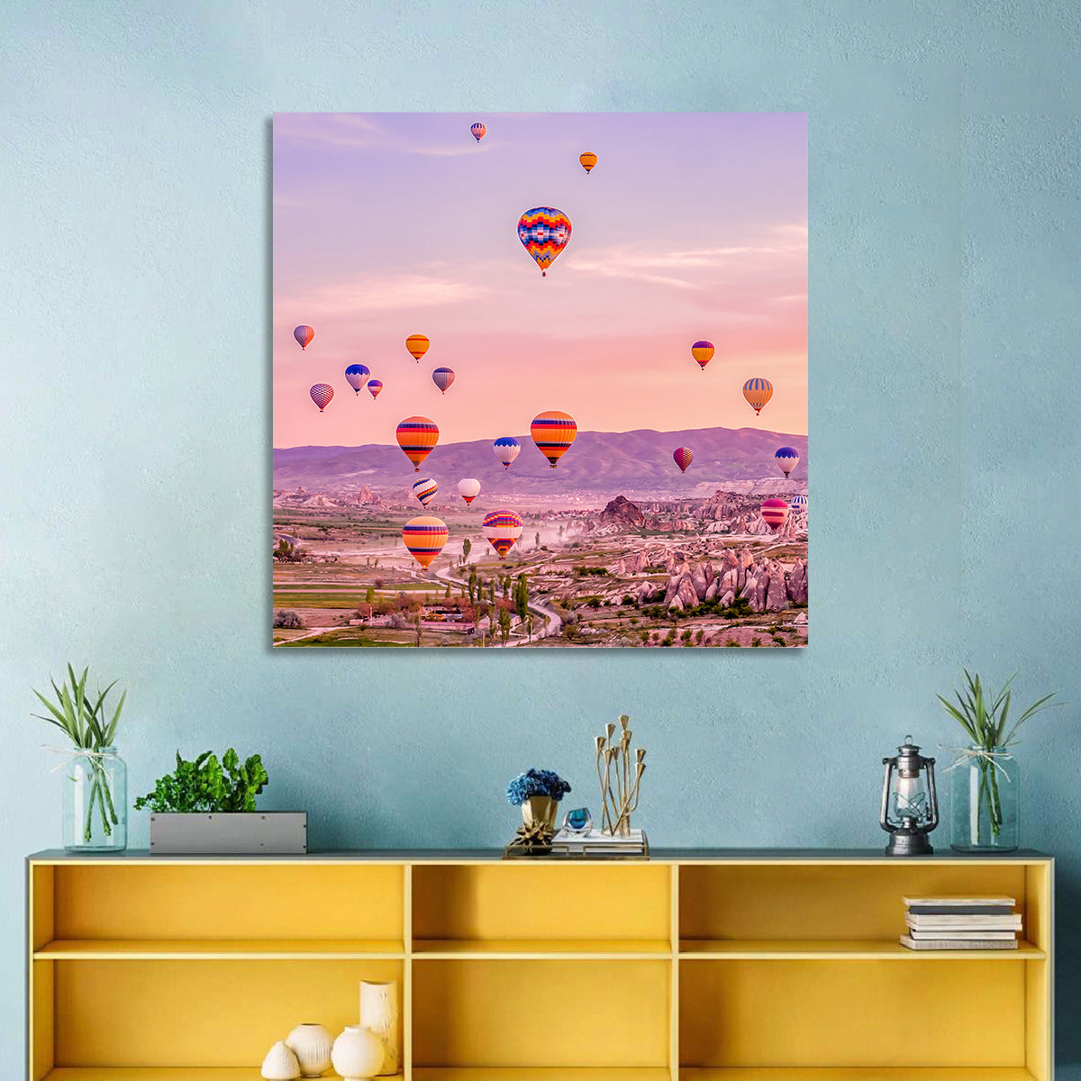 Cappadocia Hot Air Balloons Wall Art in a room, square