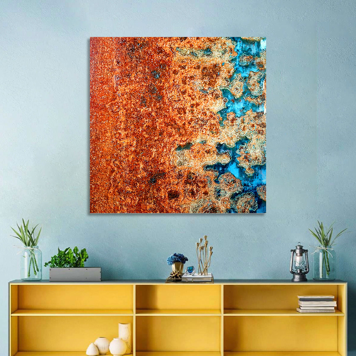 Oxidized Steel Abstract Wall Art in a room, square