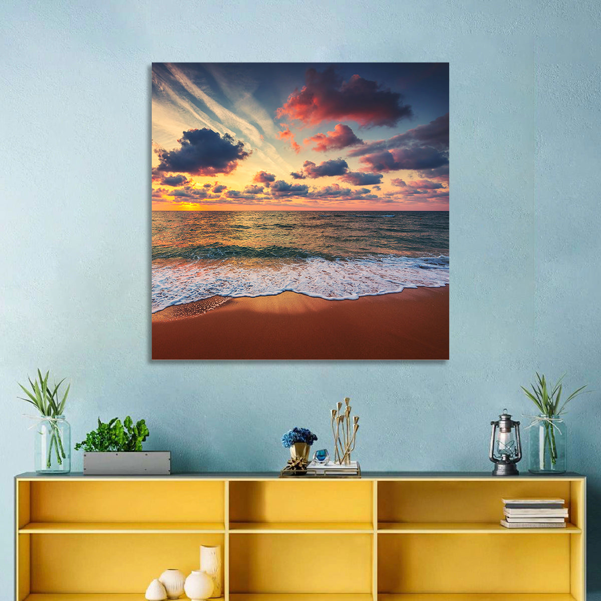 Golden Hour Beach Waves Under Cloudy Sky Wall Art in a room, square