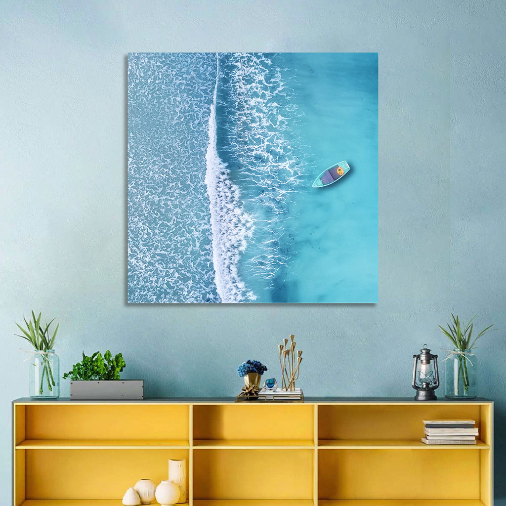 Lone Boat Over Turquoise Waves Wall Art