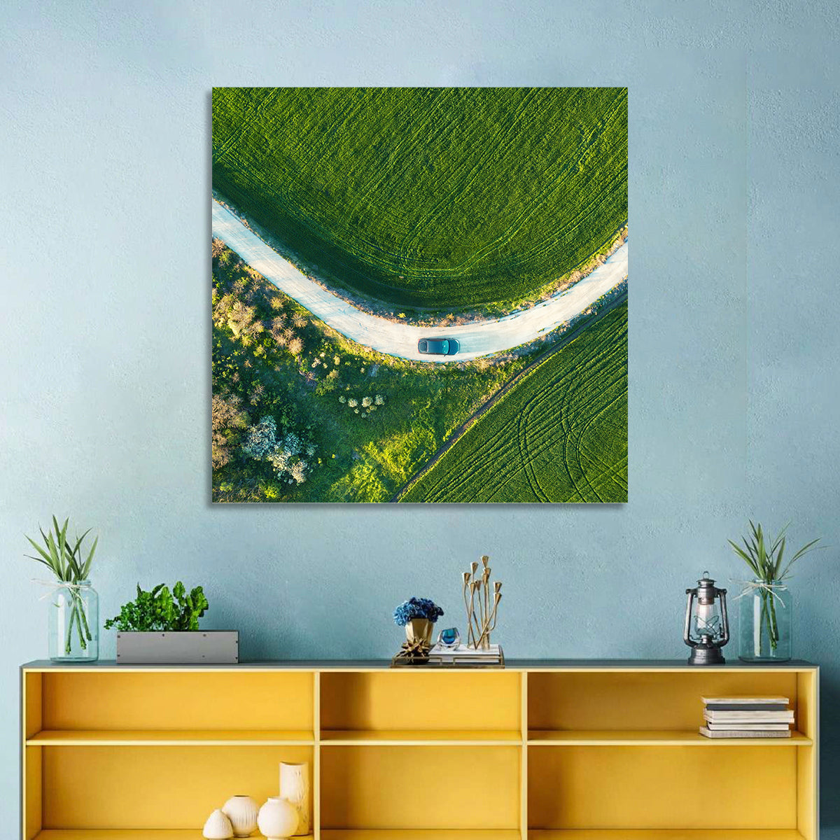 Aerial Farm Fields at Golden Hour Wall Art in a room, square