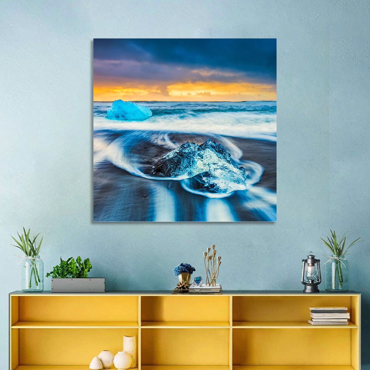 Diamond Beach Ice at Dusk Wall Art in a room, square