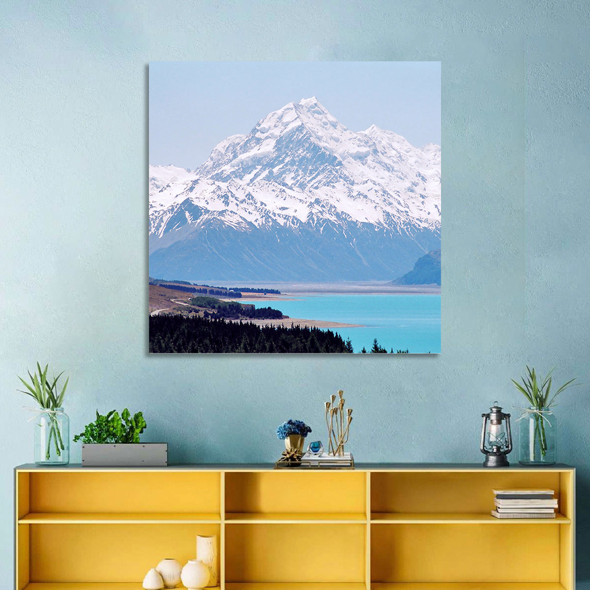 Lake Pukaki and Aoraki Mount Cook Wall Art in a room, square