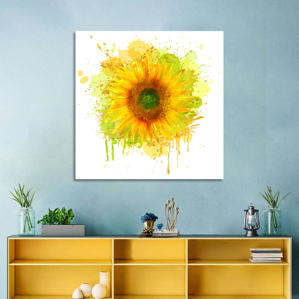 Watercolor Sunflower Wall Art in a room, square
