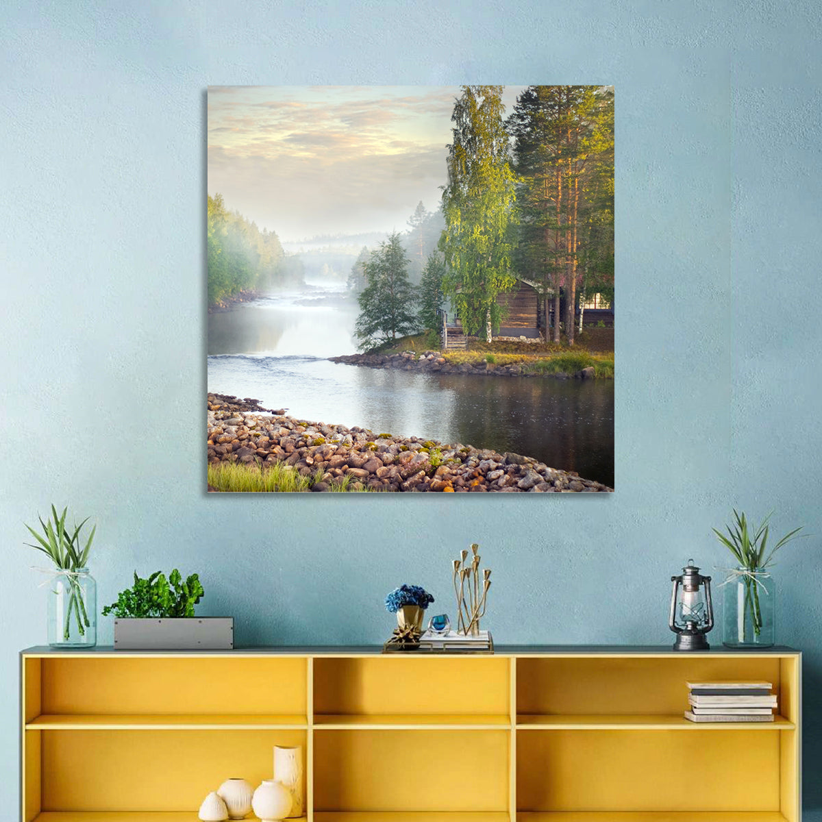Misty River with Red Roof Cabin Wall Art in a room, square