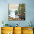Misty River with Red Roof Cabin Wall Art