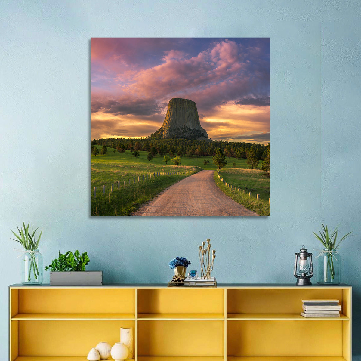 Devils Tower at Sunset Wall Art in a room, square