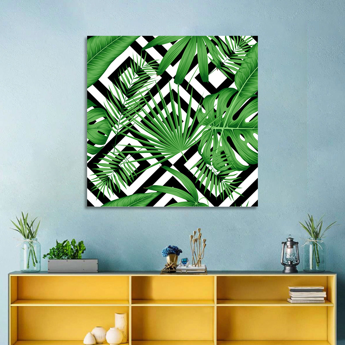 Tropical Geometric Leaves Pattern Wall Art in a room, square