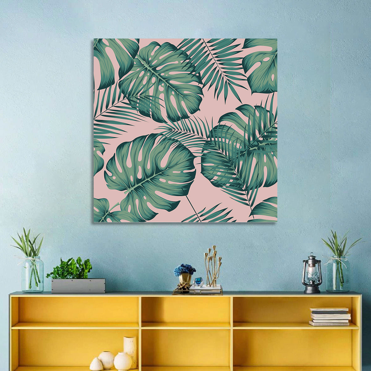 Areca Palm and Monstera Leaves Wall Art in a room, square