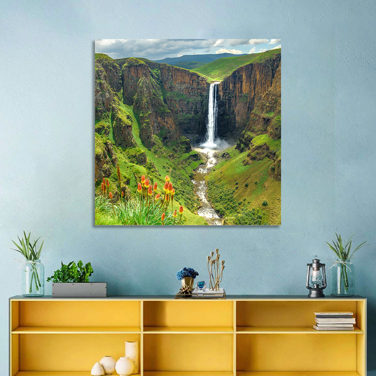 Maletsunyane Falls with Torch Lilies Wall Art in a room, square