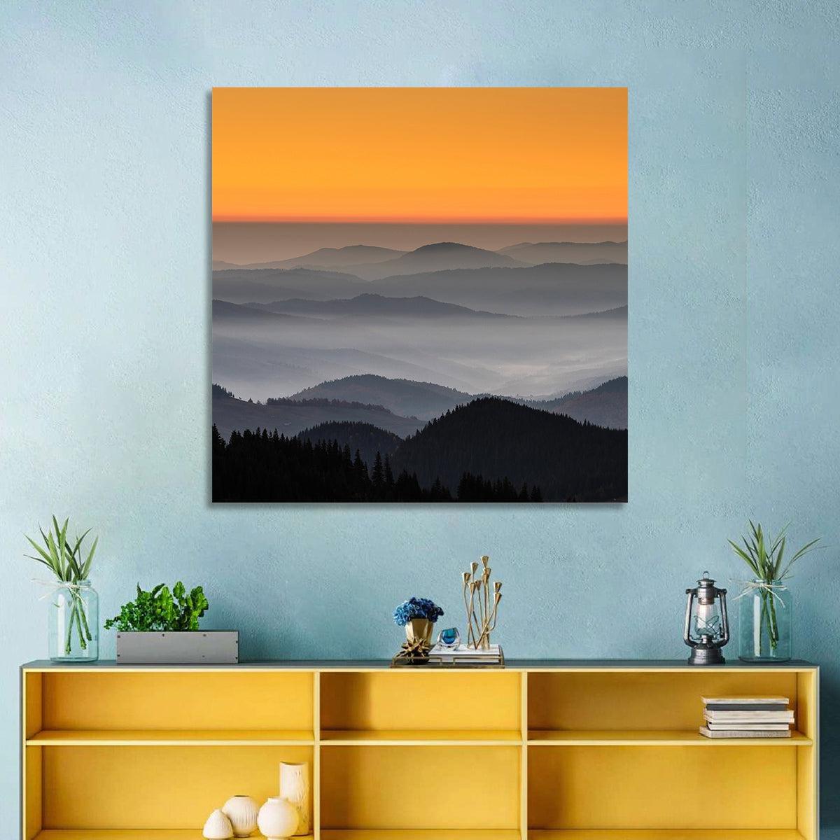 Rarau Mountains Sunrise Wall Art in a room, square