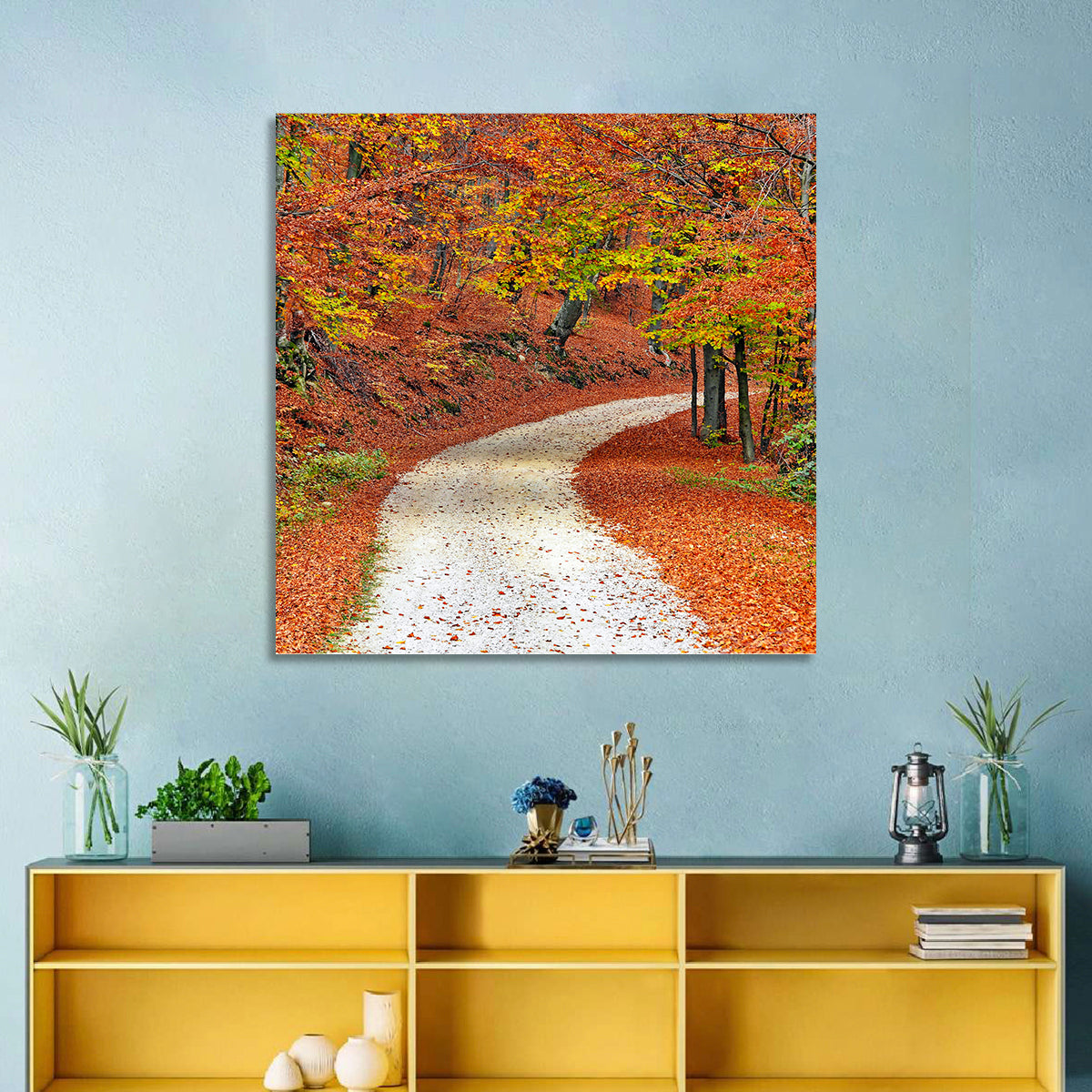Misty Gravel Path Through Autumn Trees Wall Art in a room, square