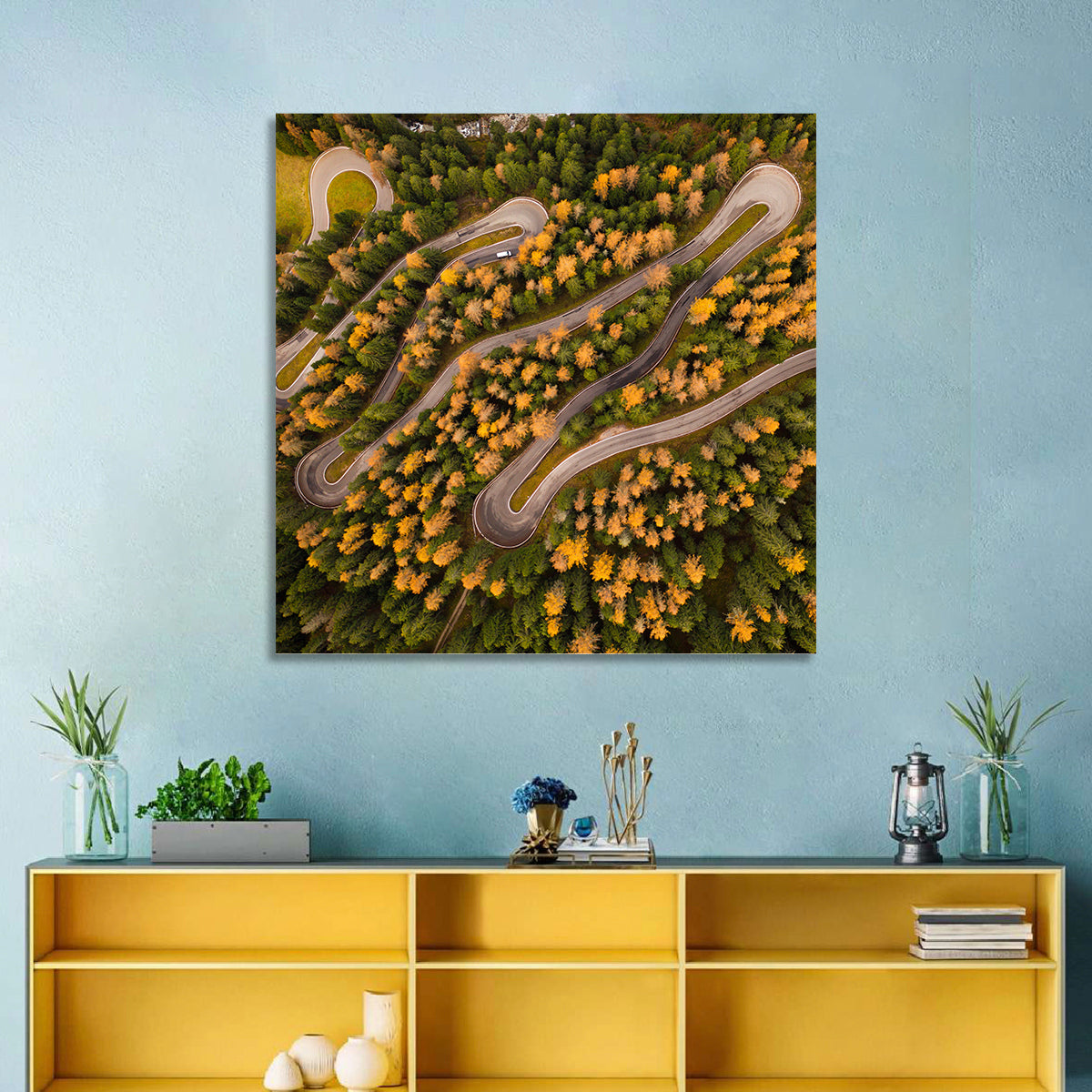 Aerial Curvy Forest Road Wall Art in a room, square