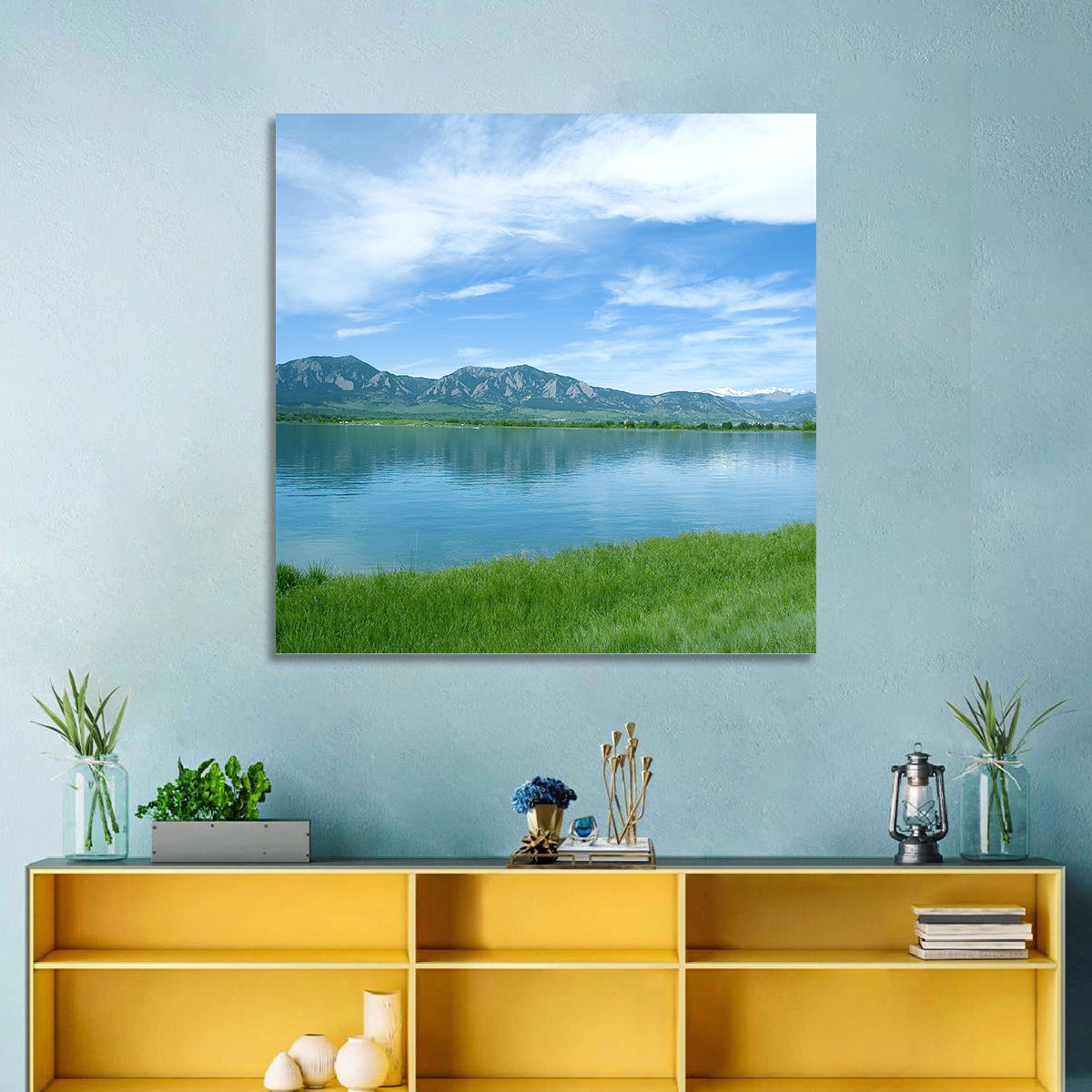 Boulder Reservoir and Flatirons Wall Art in a room, square
