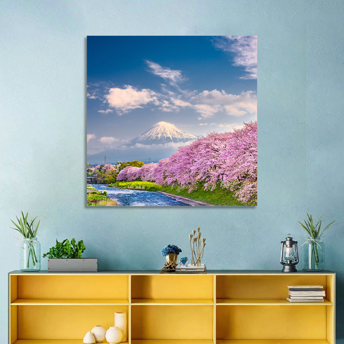 Mount Fuji Cherry Blossoms Wall Art in a room, square