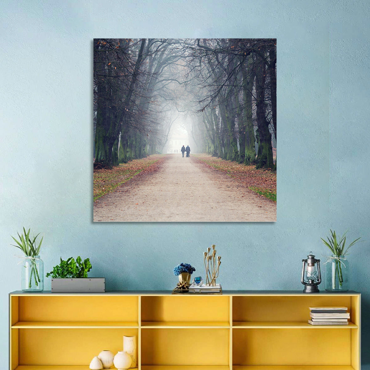 Foggy Tree Lined Walkway in Autumn Wall Art in a room, square
