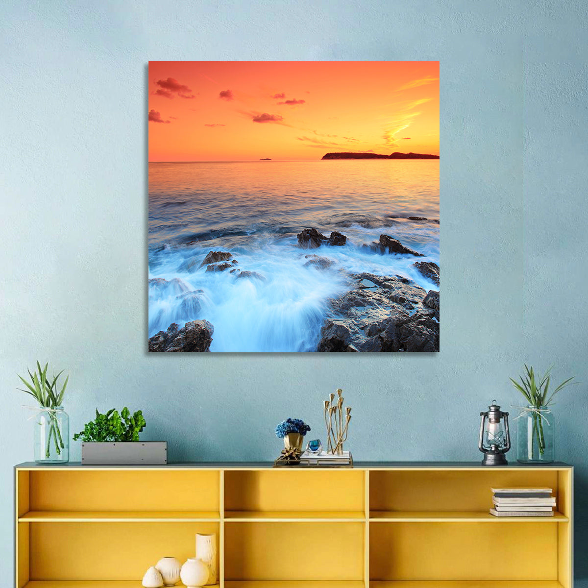 Dubrovnik Sunset Over Rocky Shore Wall Art in a room, square
