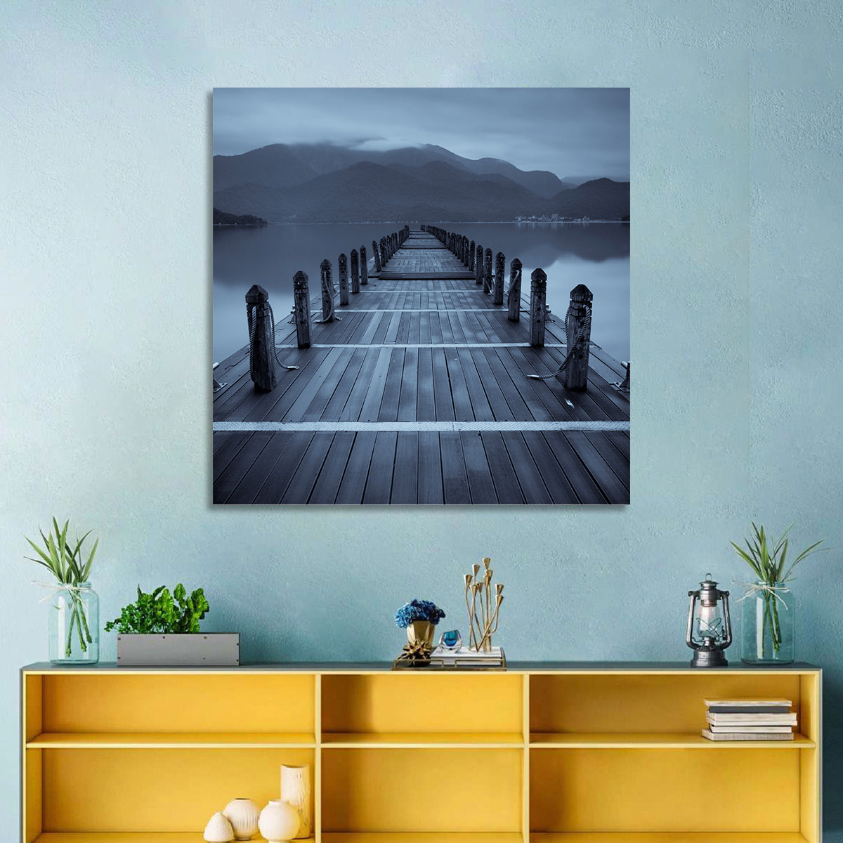 Long Lake Pier at Dusk Wall Art in a room, square