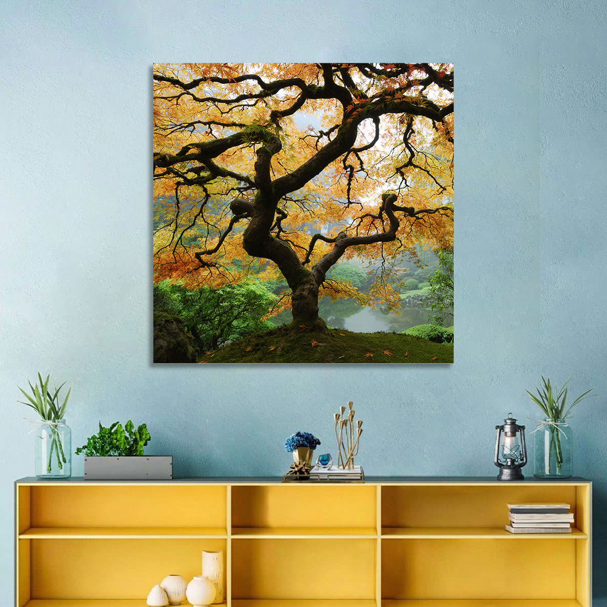Japanese Autumn Maple Wall Art in a room, square